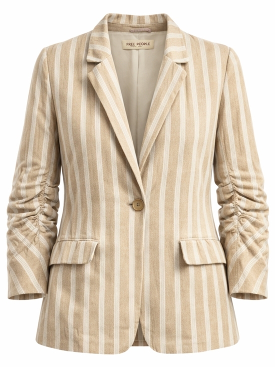 Free People Jackets & Blazers - Free People Fern Striped Blazer Neutral Linen Look Ruched Sleeve S